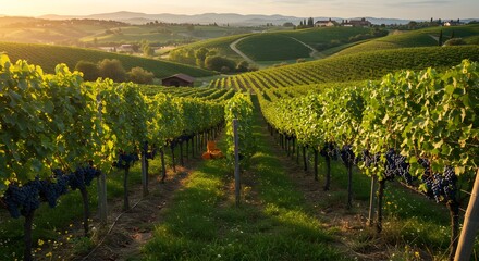 Tuscan Vineyard at Sunset: Rolling Hills and Ripe Grapes