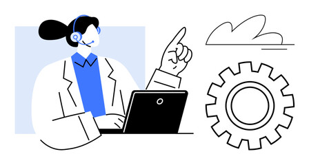 Woman with headset working on laptop, pointing upward with cogwheel and cloud. Ideal for tech support, customer assistance, automation, teamwork, innovation, telecom. Minimalist flat metaphor