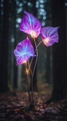 Illuminated purple leaf-like flowers glow against a blurred forest backdrop, ground level