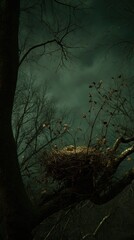A nest sits in a bare tree against a moody, overcast sky. Branches reach upward