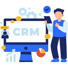 Digital Illustration of CRM on Blue Computer Monitor With Gears and Graph on Transparent Background