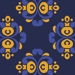 Abstract Damask Pattern With Gold and Blue Floral Ornaments On Dark Blue Background