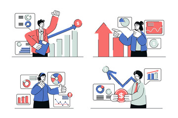 Business Growth Concept with Man and Woman Analyzing Financial Data and Chart Progression on Transparent Background