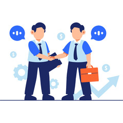 Business Handshake Agreement on Transparent Background in Blue and White Flat Design Two Men Wearing Vest and Tie Holding Briefcase for Partnership Success