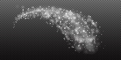 Christmas snow flake trail with sparkling light particles and stars creating a magical bokeh effect. Perfect for festive, fantasy or celebration designs. Stock vector illustration in realistic style.