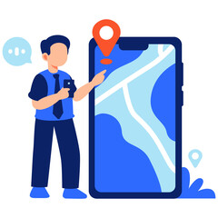 Man Pointing at Mobile Map with Orange Location Pin and Transparent Background