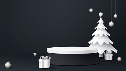 3D Blank podium with decorated white Christmas tree  and element on black background graphic illustration.