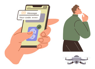 Hand verifying code and fingerprint on smartphone, man pondering, and quadcopter flying below. Ideal for security, technology, innovation, decision-making, data remote control connectivity. Simple