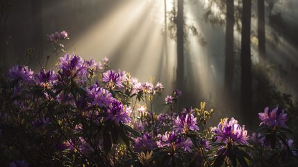 Naklejka premium Sunbeams through trees, flowers in foreground, misty atmosphere