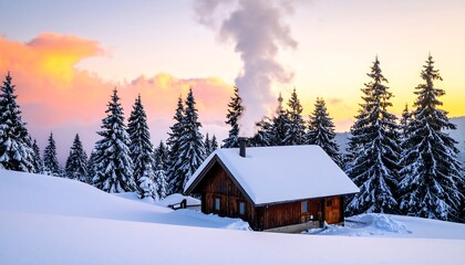 Naklejka premium Winter Cabin in Snowy Landscape at Sunset with Smoke Rising