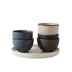 Minimalist ceramic tableware arrangement, showcasing textured bowls in muted colors and clean