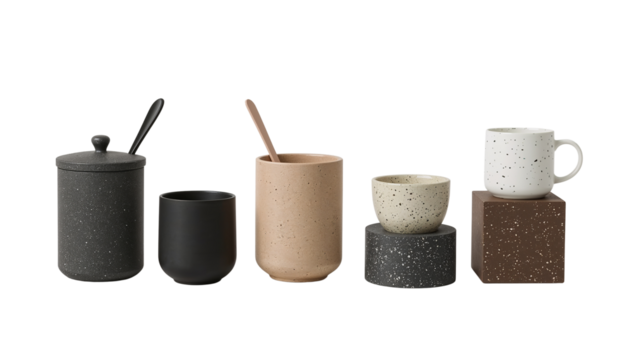 Minimalist stoneware kitchenware assortment featuring mugs, jars, and spoons in muted tones