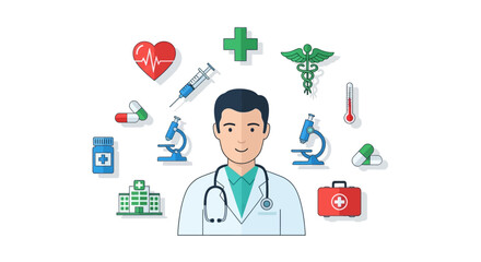 Doctor with medical icons flat design