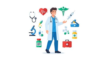 Doctor with medical icons flat design