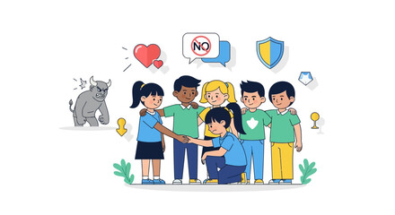 Fototapeta premium Anti bullying campaign for school poster flat vector template. Brochure, booklet one page concept design with cartoon characters. Teen harassment prevention flyer, leaflet with copy space