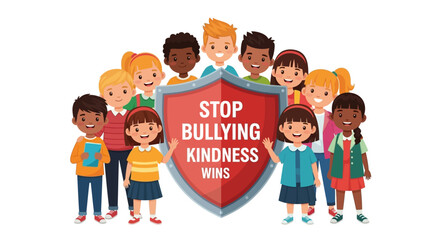 Anti bullying campaign for school poster flat vector template. Brochure, booklet one page concept design with cartoon characters. Teen harassment prevention flyer, leaflet with copy space