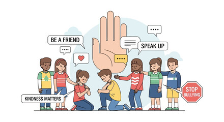 Anti bullying campaign for school poster flat vector template. Brochure, booklet one page concept design with cartoon characters. Teen harassment prevention flyer, leaflet with copy space