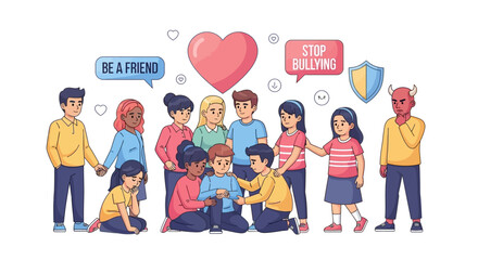 Anti bullying campaign for school poster flat vector template. Brochure, booklet one page concept design with cartoon characters. Teen harassment prevention flyer, leaflet with copy space