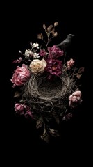 A bird sits atop a nest surrounded by lush, dark-hued flowers on a black background