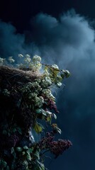 Cliffside flora a nocturnal scene, dark, with mist and a bouquet of flowering plants
