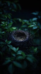 A delicate bird's nest sits cradled within lush, green foliage, illuminated softly