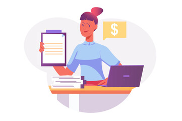 Cartoon Woman Holding Clipboard with Financial Data Over Laptop and Documents in Transparent Background