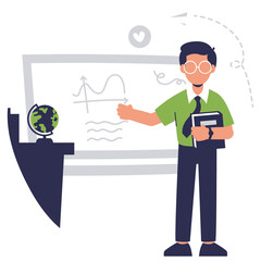 Cartoon Teacher Presenting Whiteboard Equation with Globe and Paper Plane on Transparent Background for Teacher Day Celebration