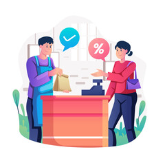 Customer at Checkout With Brown Paper Bag and Percent Symbol Speech Bubble Illustration in Transparent Background