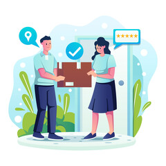 Delivery Man in Blue Shirt Giving Box to Woman with Five Star Rating on Transparent Background