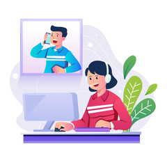 Female Customer Service Representative with Headset and Man Talking on Phone on Computer Screen in Transparent Background