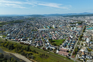 Aerial View of Kitami City 北見市 and Muka River 無加川, Hokkaido 北海道, Japan