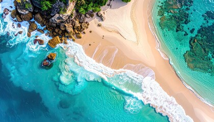 Aerial View of Turquoise Ocean Waves Crashing on a Sandy Beach with Rocky Outcrops on a Sunny Day