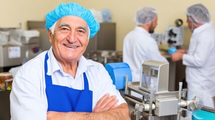 Obraz premium Food processing worker smiles in industrial kitchen capturing culinary passion in a busy production environment