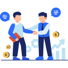 Business Agreement Graphic with Two Men in Blue Shaking Hands Against Transparent Backdrop with Gears and Finance Chart