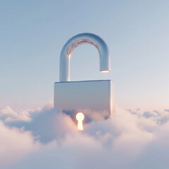 Cloud Security Concept: A stunning visual representing the core concept of cloud security. A shiny, silver padlock, symbolizing security and protection, emerges from a dreamy.
