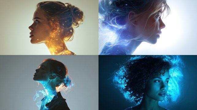 Four portraits of women in profile, each overlaid with glowing energy, creating celestial effects