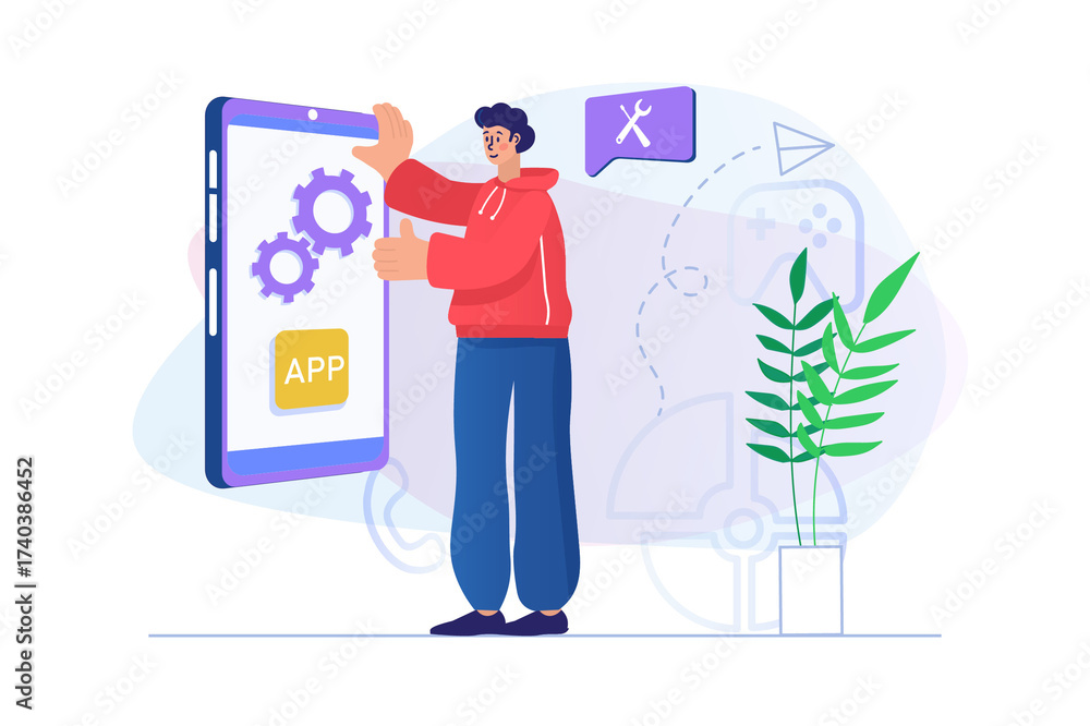 Wall mural mobile app development concept with man and gears flat design on transparent background