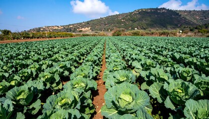 Expansive view of a cabbage field under a bright blue sky