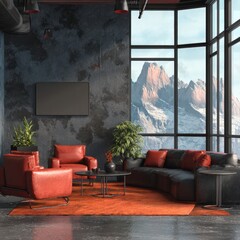 Modern interior with red seating, large window overlooking a mountain range, and plants