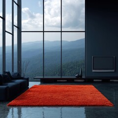 Modern interior showcasing a large window with a mountain view and vibrant rug