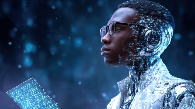 Futuristic technology enthusiast digital realm portrait virtual environment side view innovation concepts