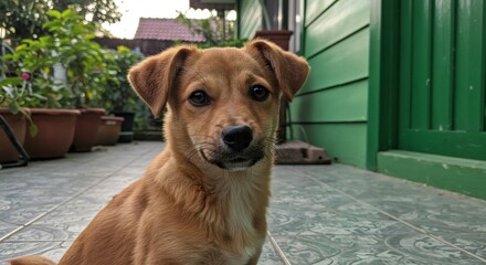 A cute brown dog with floppy ears sits outdoors on a tiled patio.