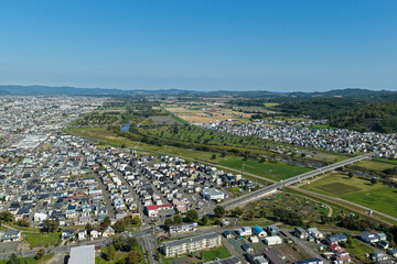 Aerial View of Kitami City 北見市 and Muka River 無加川, Hokkaido 北海道, Japan