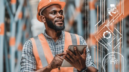 Industrial worker using tablet technology in warehouse modern environment focused viewpoint for efficient operations