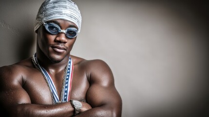Athlete celebrates victory swimming pool portrait indoor close-up achievement