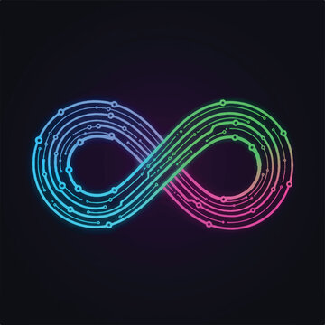 Infinity symbol made of circuit board lines and nodes