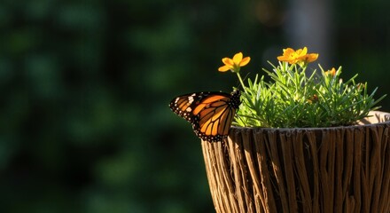 Butterfly perched on a flower pot with vibrant orange wings.