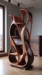 An intricately sculpted wood bookshelf features organic forms, with curves and shelves
