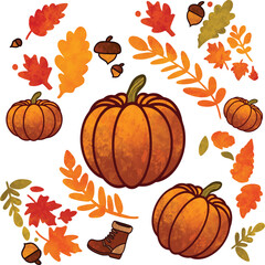 Autumn seamless pattern with bright autumn leaves and pumpkins. Vector. Seamless pattern of colorful pumpkins. Flat style. Vector illustration. pumpkins seamless pattern. Ornamental natural design.