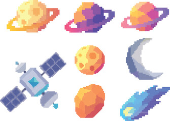 Retro pixel art space icons set 8 bit planets, moons, comets, satellites, rockets, and colorful solar system objects for cosmic game design and astronomy vector collection. © Salam  stock